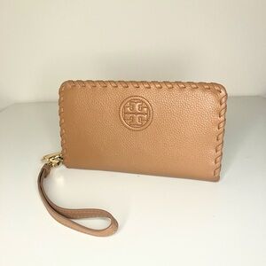 Tory Burch Marion Zip-Around Continental Wallet in tan pebbled leather